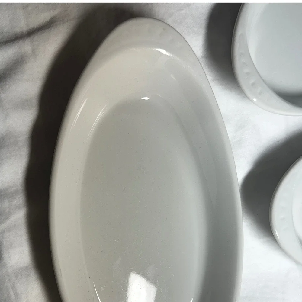 Vintage Oval Au Gratin Baking Dishes Set 4 White Exc Ceramic Stoneware Scalloped